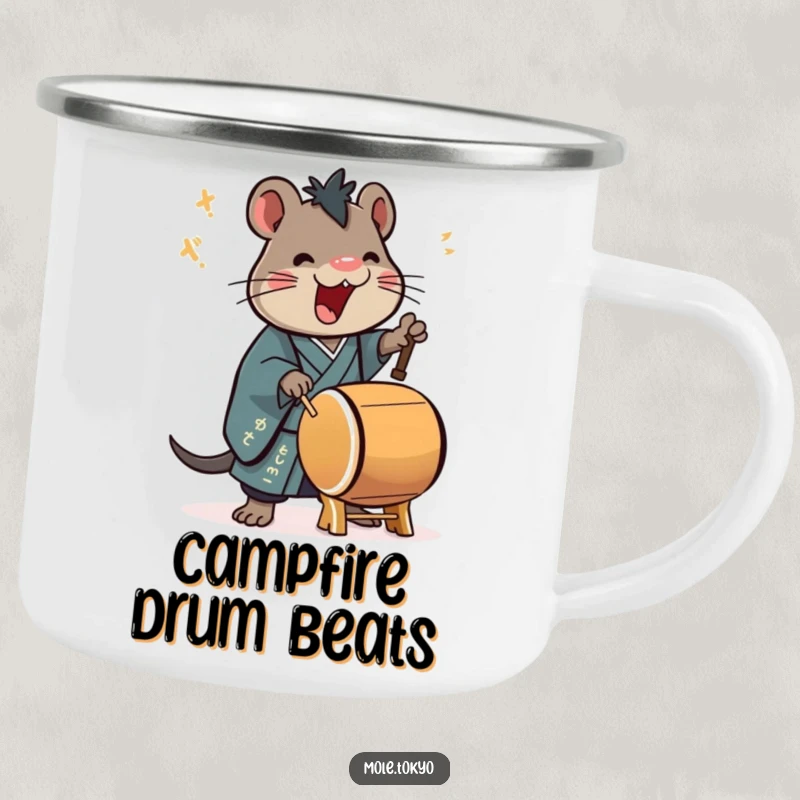 Funny Camping Mug with a stylized mole in a kimono playing a taiko drum enthusiastically, perfect for outdoor musical enjoyment.