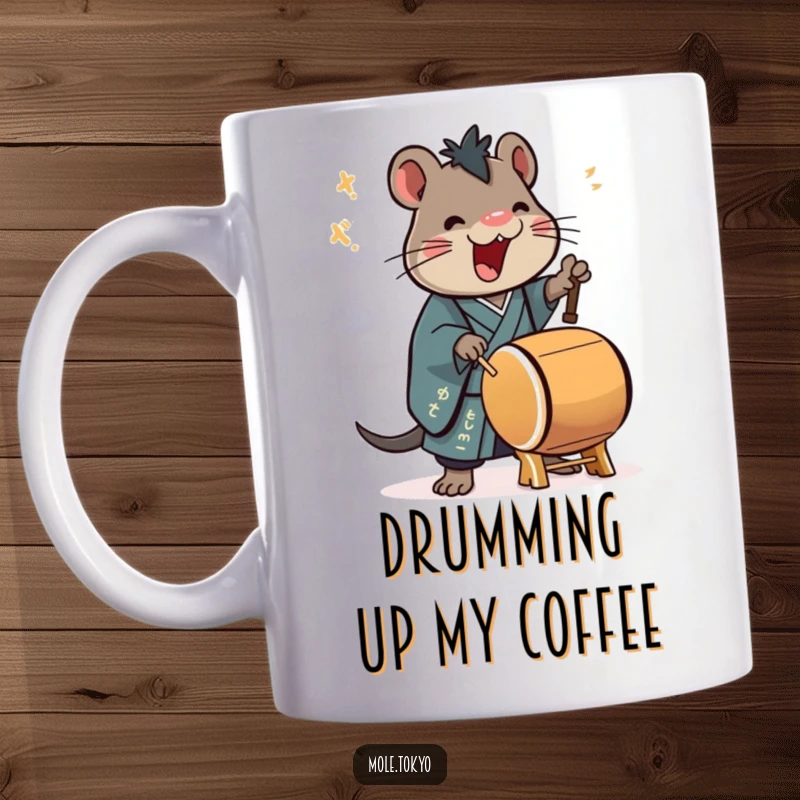 Funny Mug with a stylized mole character in a formal kimono enthusiastically playing a taiko drum, conveying joy and rhythm.