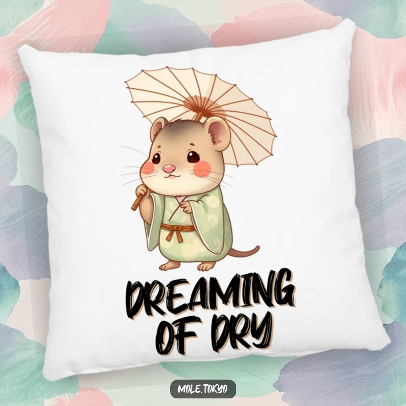 Funny mole character in a patterned kimono holding a delicate paper umbrella, perfect for a comfortable and humorous pillow.