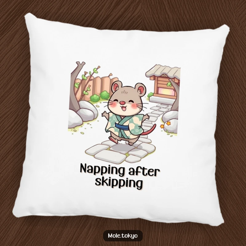 Funny Pillow with a cheerful mole character in a kimono skipping playfully across a stone path, soft and full of joy.