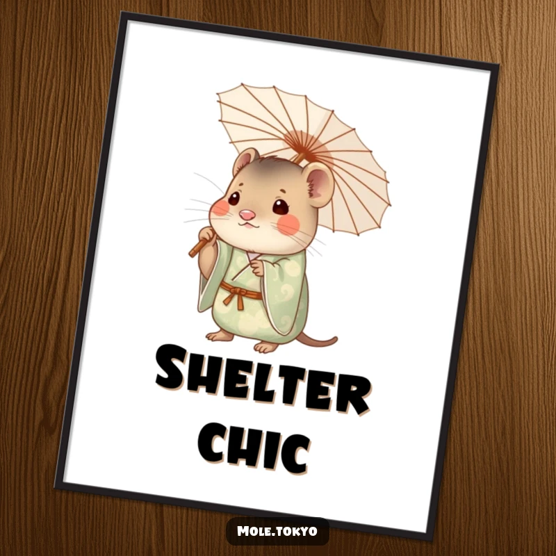 Funny mole character in a patterned kimono holding a delicate paper umbrella, a humorous digital art print.