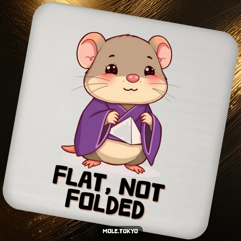 Funny happy mole in a deep purple kimono attempting a stylized origami fold, a set of humorous coasters.