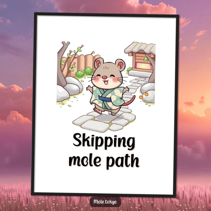 Funny Poster of a cheerful mole character in a patterned kimono skipping playfully on a stone path, embodying pure happiness.