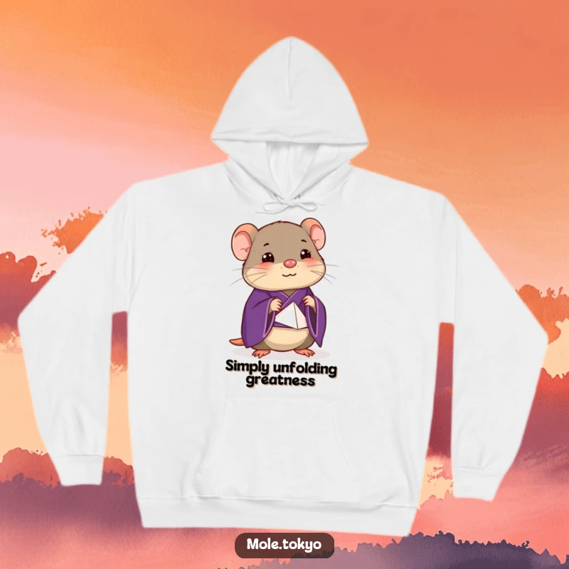 Funny mole character in a deep purple kimono attempting a stylized origami fold, perfect for a cozy and humorous hoodie.