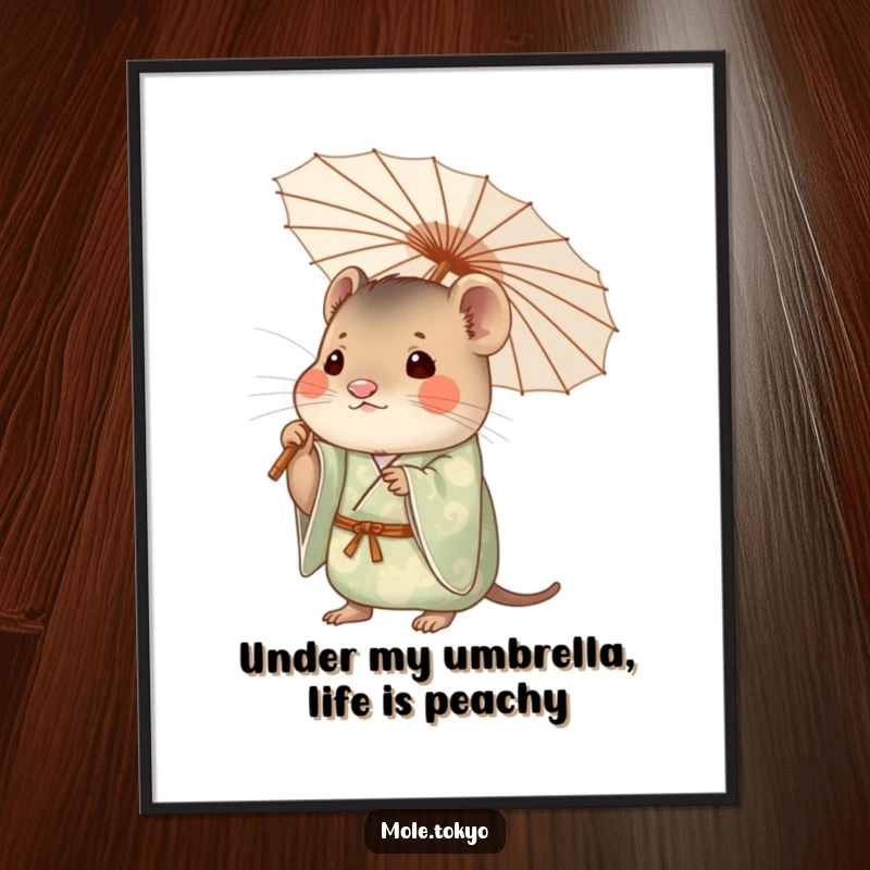 Funny Free Printable Wall Art: A curious mole in a patterned kimono holding a delicate paper umbrella aloft with style.