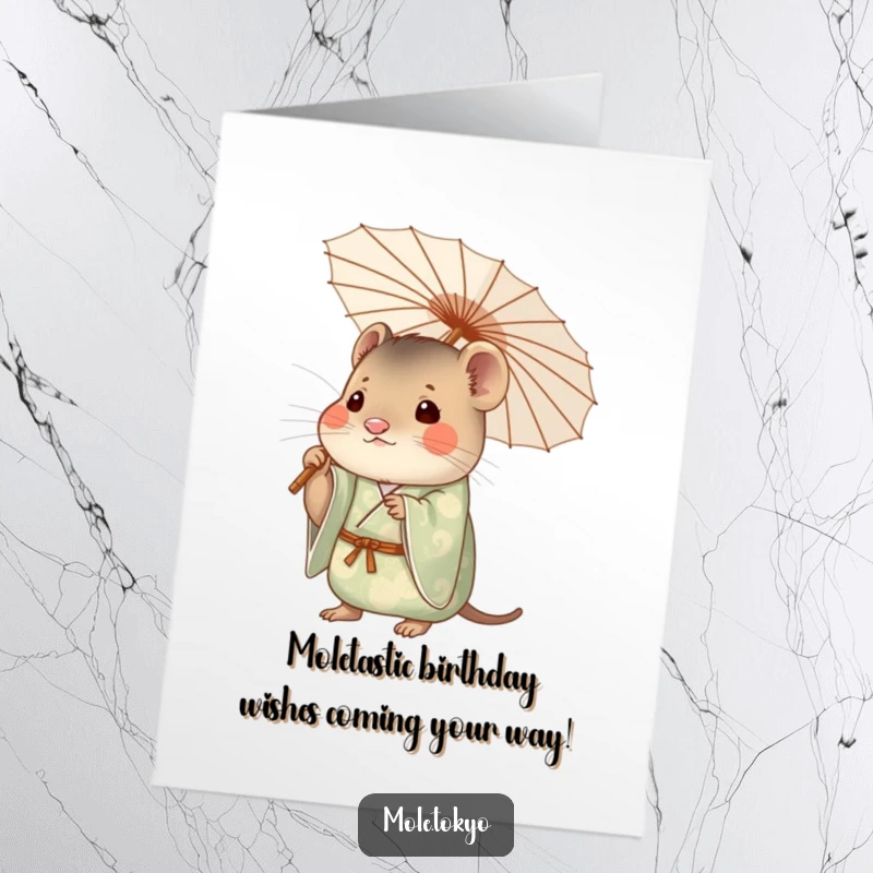 Funny Free Printable Birthday Card: Curious mole in patterned kimono under a paper umbrella, ready for a celebration.
