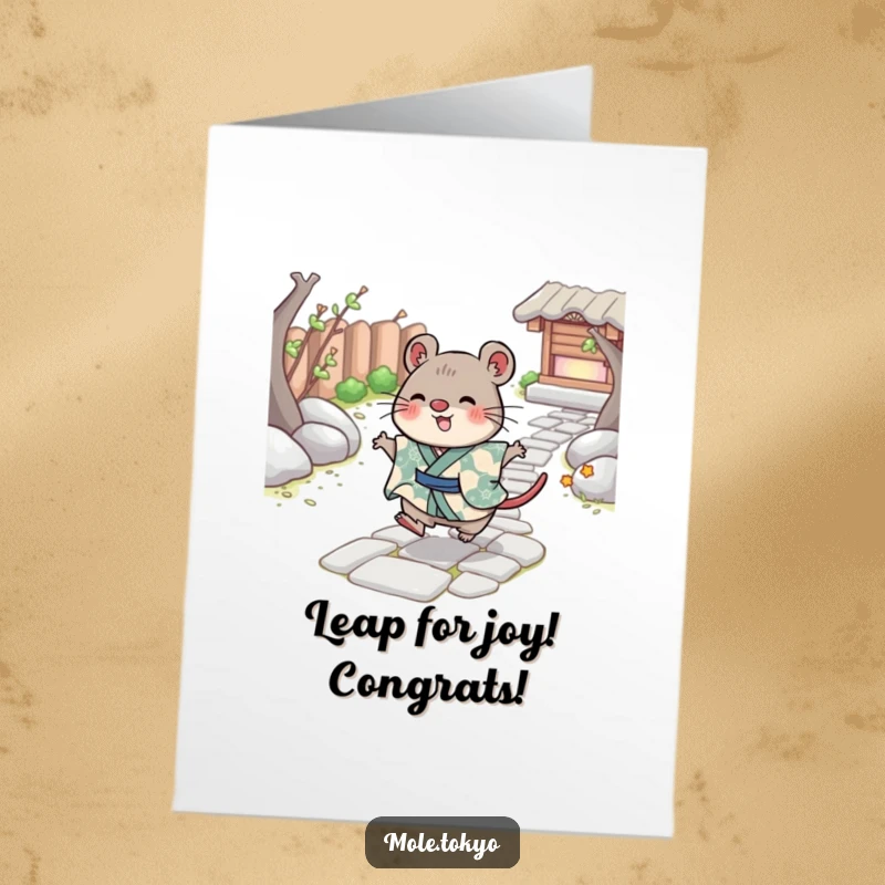Funny Free Printable Congratulations Card featuring a cheerful mole character in a patterned kimono skipping gleefully across a stone path.