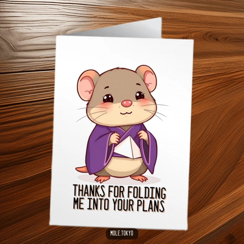 Funny Free Printable Thank You Card: A happy mole in a purple kimono folding origami to say thanks.
