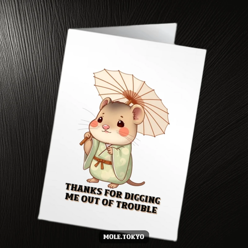 Funny Free Printable Thank You Card: Curious mole in a kimono, holding an umbrella, conveying sincere thanks.