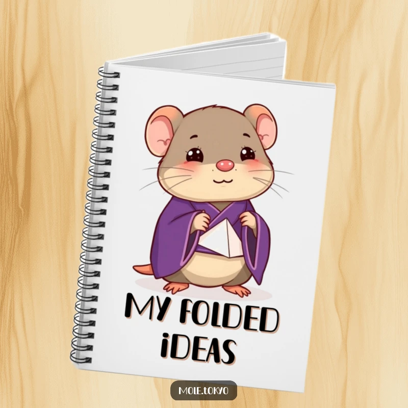 Funny happy mole in a deep purple kimono attempting a stylized origami fold, a humorous notebook for creative minds.