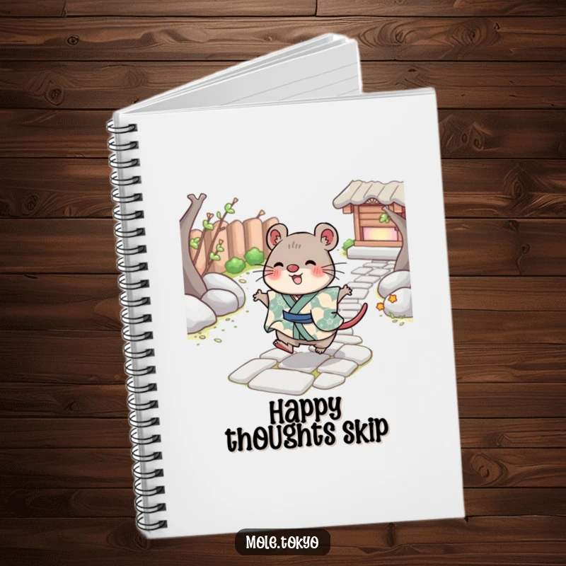 Funny Notebook with a cheerful mole character in a kimono skipping playfully across a stone path, ideal for joyful note-taking.