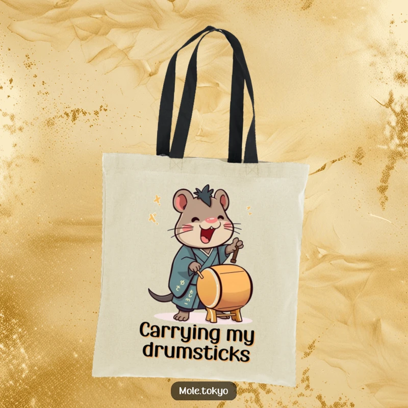 Funny Tote Bag featuring a stylized mole in a formal kimono enthusiastically playing a taiko drum, perfect for carrying music vibes.